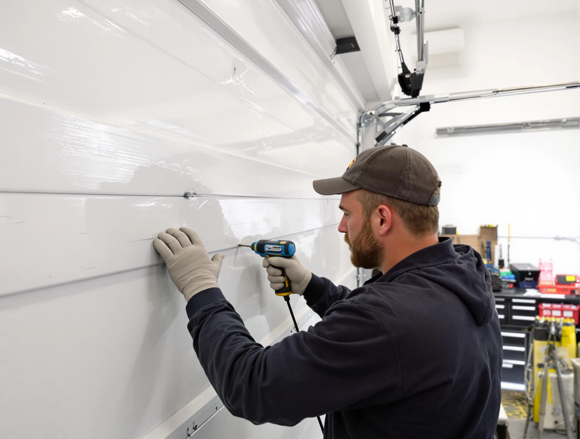 Northglenn Garage Door Repair technician demonstrating precision dent removal techniques on a Northglenn garage door